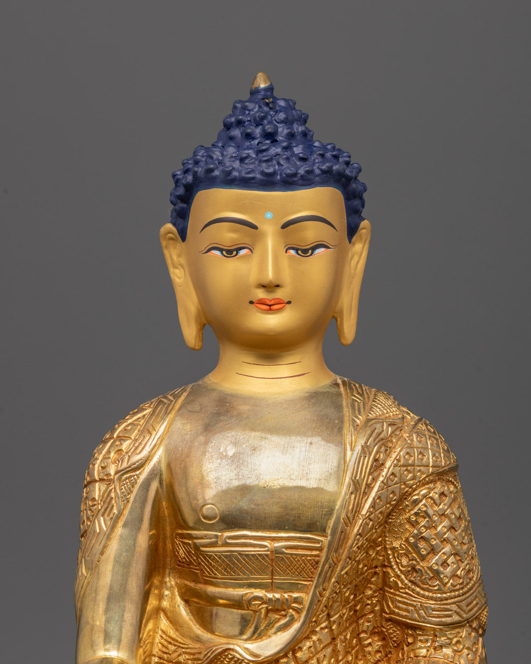 Close-up of Patan-made Namo Shakyamuni Buddha Sculpture with intricate head-to-toe carvings

