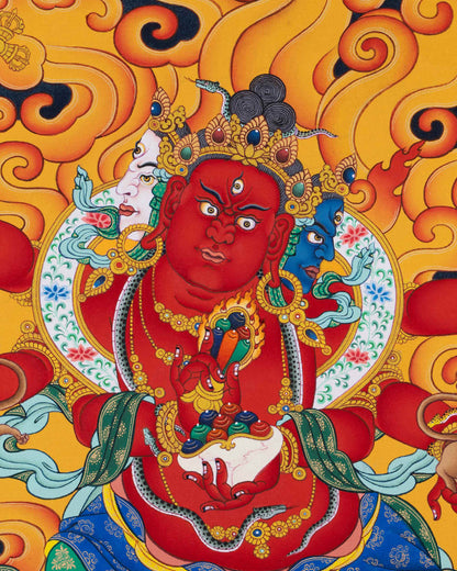 Close-up of Red Dzambhala Thangka showcasing intricate iconography