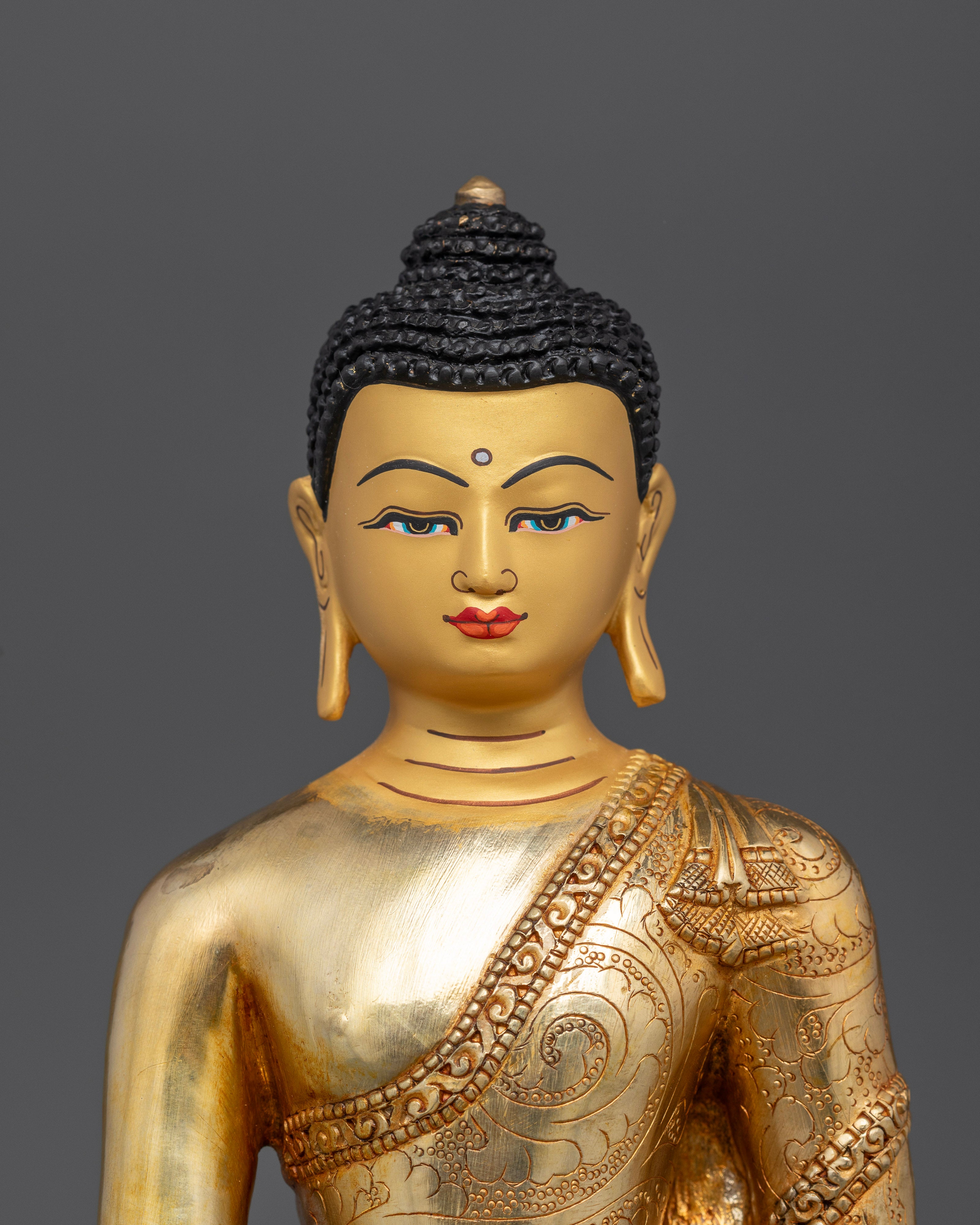 Close-up of Sakyamuni Buddha statue showing intricate Nepalese lost-wax craftsmanship