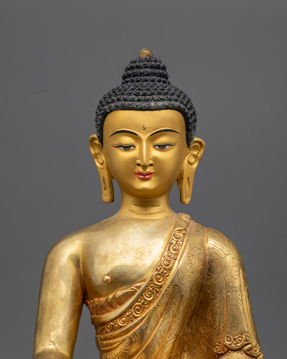 Close-up of Shakyamuni Buddha Face – 24k Gold-Gilded Copper Sculpture with Peaceful Expression