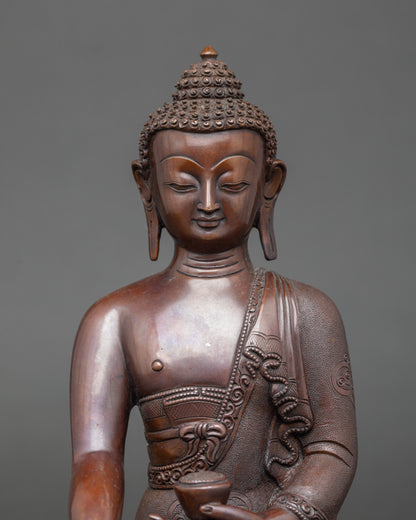 Close-up of Shakyamuni Buddha face, earth-touching Bhumisparsha mudra, meditation statue
