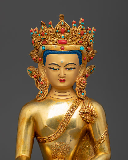 Close-up of Shakyamuni Buddha face showing serene expression and intricate crown details