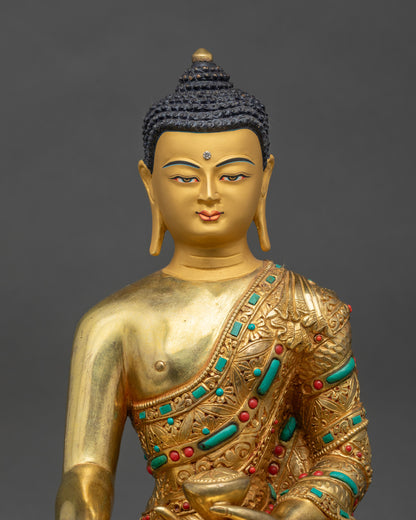 Close-up of Shakyamuni Buddha figurine showing intricate 3D copper carving and gold finish