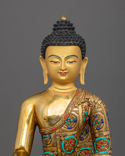 Close-up of Shakyamuni Buddha patra bowl adorned with semi-precious stones