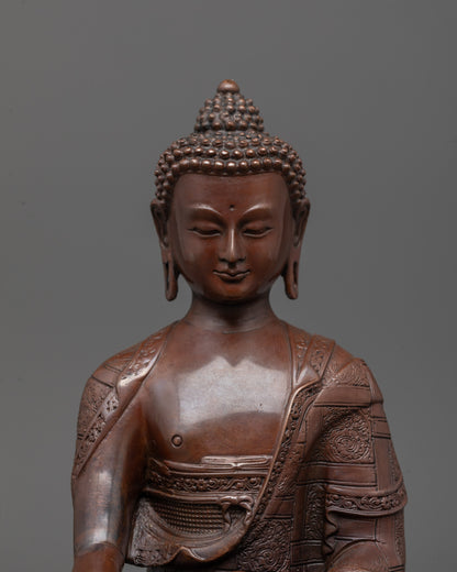 Close-up of Shakyamuni Buddha’s serene face and detailed hand gestures