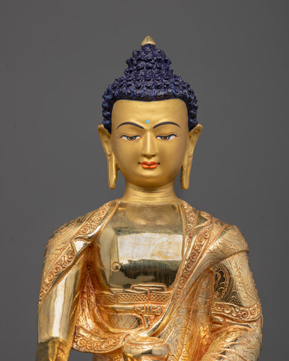 Close-up of Shakyamuni Buddha’s serene face hand-crafted by Nepalese artisan