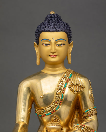 Close-up of Shakyamuni Buddha statue showing serene gold face and curly hair