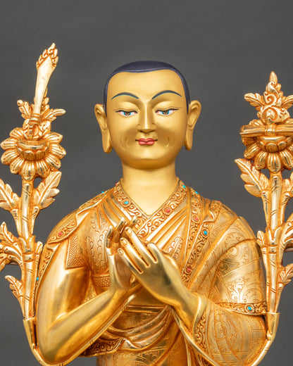 Close-up of Tsongkhapa central figure, serene meditation pose, detailed lotus seat