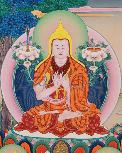 Close-up of Tsongkhapa seated in Dharmachakra mudra with utpala flower and wisdom sword