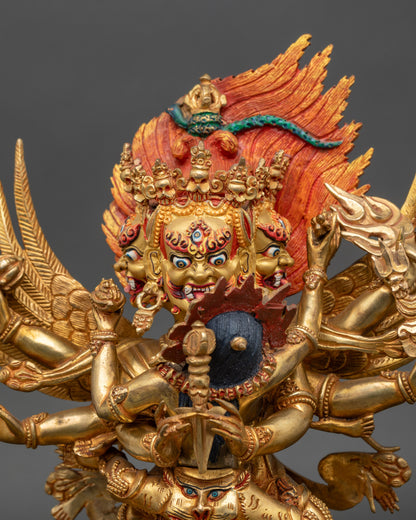Close-up of Vajrakilaya statue face, phurba, skull cup, and kartika knife details