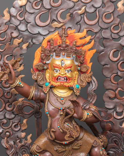 Close-up of Vajrapani’s face, vajra, lasso, and semi-precious stone adornments
