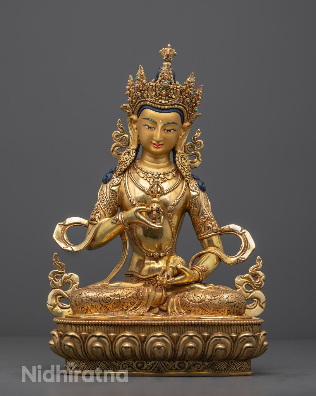 Close-up of Vajrasattva Statue with 24k Gold Gilded Face and Semi-Precious Stones – Handcrafted in Nepal