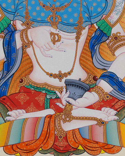 Close-up of Vajrasattva Thangka Showing Intricate Gold Work and Natural Pigments