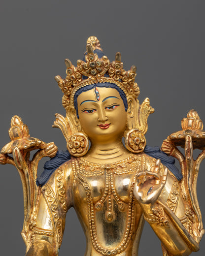 Close-up of White Tara’s Serene 24k Gold Polished Face and Detailed Crown