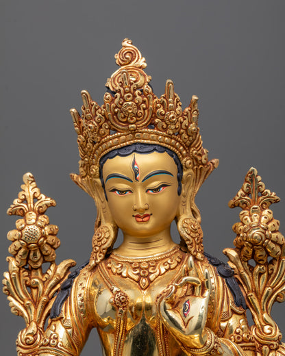 Close-up of White Tara’s face and 5-jeweled crown, showcasing gold gilding and vibrant colors