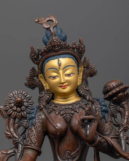Close-up of White Tara’s serene face, jeweled crown, and seven seeing eyes

