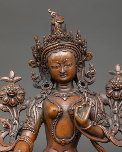 Close-up of White Tara statue face and hands showing seven eyes Buddhist symbolis