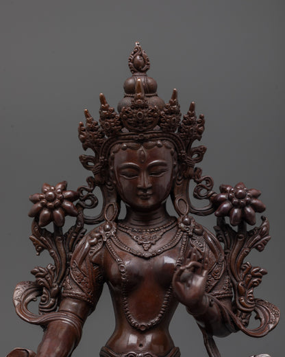 Close-up of White Tara statue’s oxidized copper finish, showing seven eyes and fine details