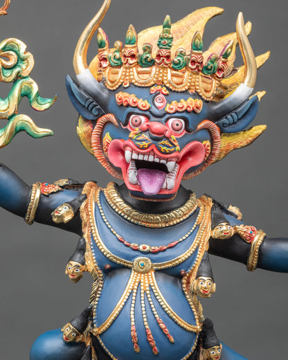 Close-up of Yamantaka statue showing ornate garlands, lotus seat, and buffalo head