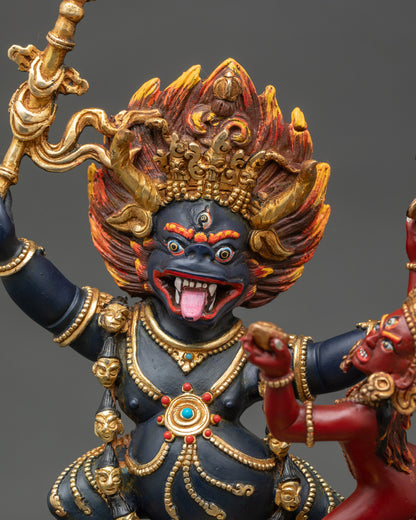 Close-up of Yamantaka statue with consort, copper lost wax Himalayan artwork