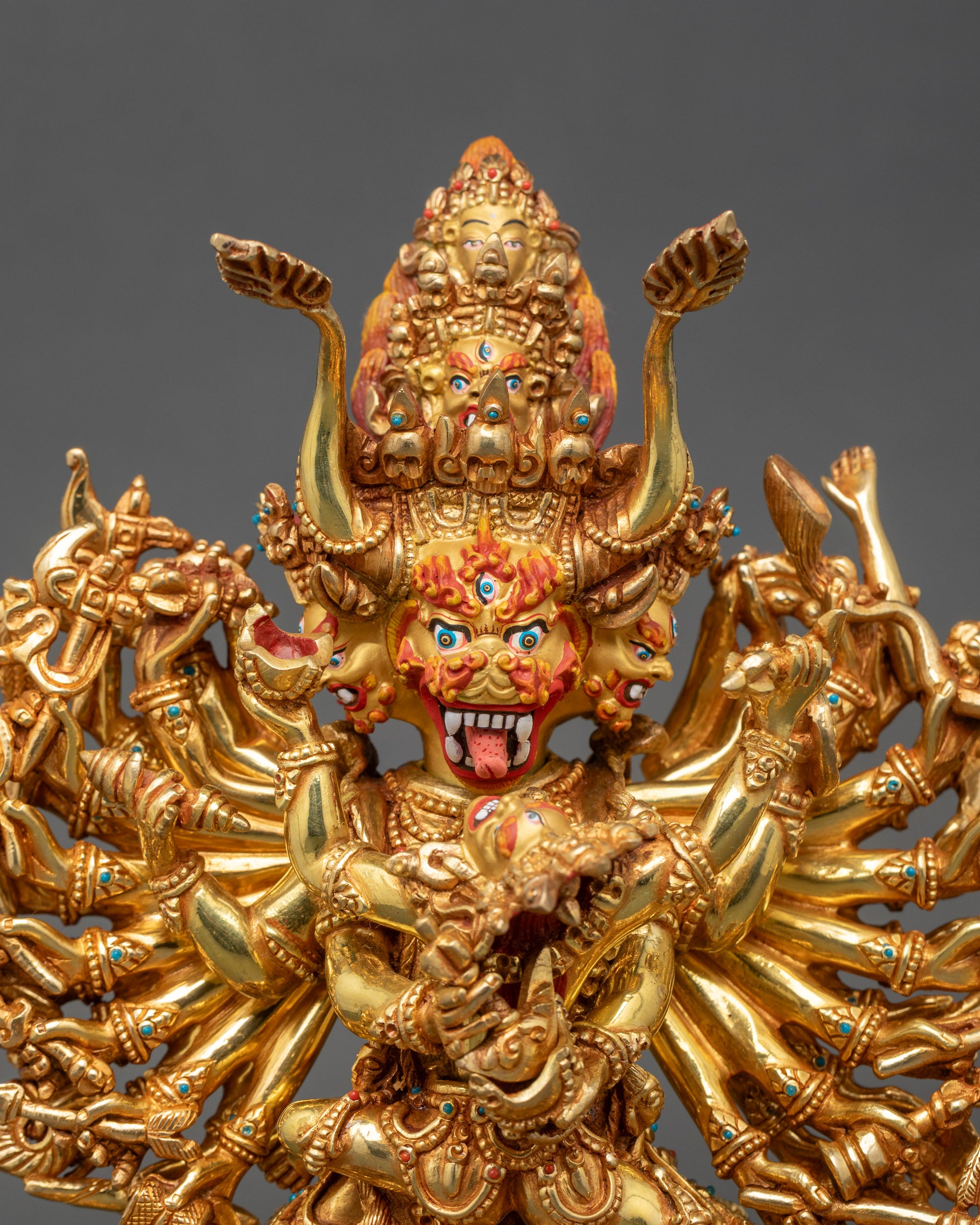 Close-up of Yamantaka with Consort highlighting intricate tantric carvings and gold-painted features