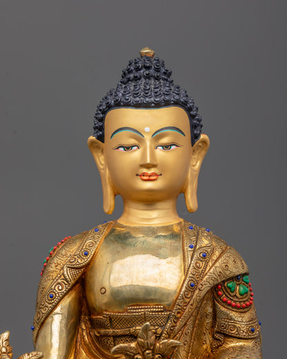 Close-up of a traditional Nepalese Medicine Buddha statue showcasing