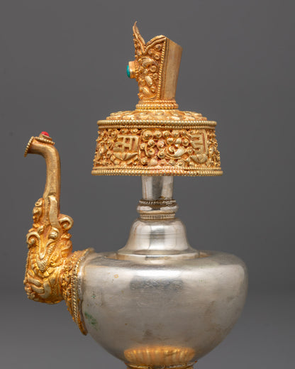 Close-up of detailed metalwork on gold-plated Chegumba used in Buddhist ceremonies