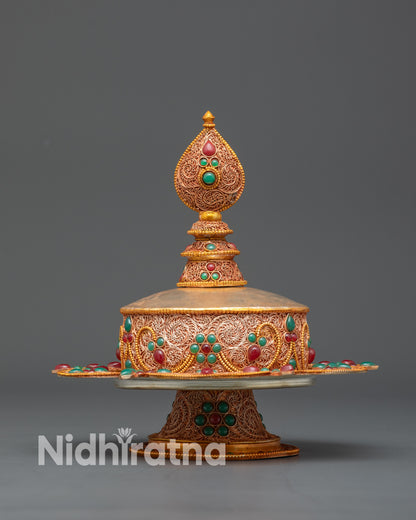 Close-up of gold-plated filigree and semi-precious stones on 4-inch Ratna Mandala