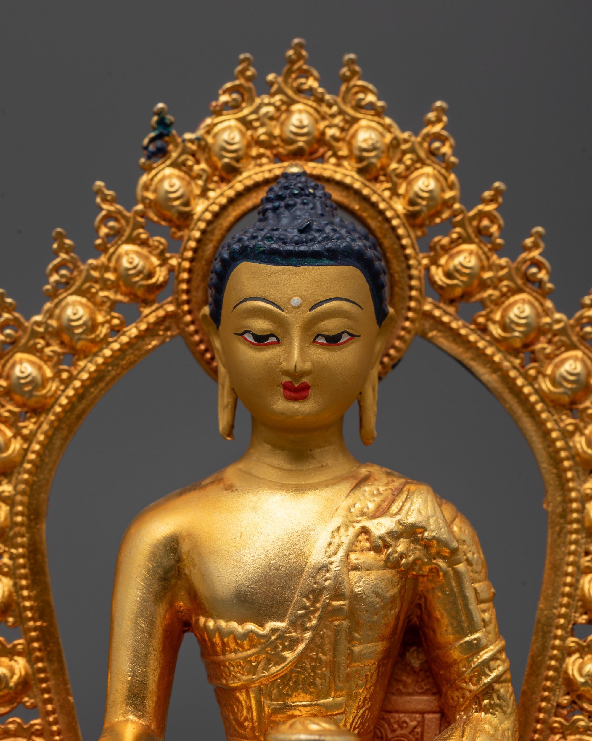 Close-up of handcrafted Shakyamuni Buddha Statue showing serene face