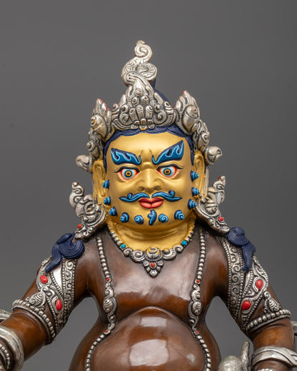 Close-up of intricate carvings on Dzambhala Statue seated on double-layered lotus base