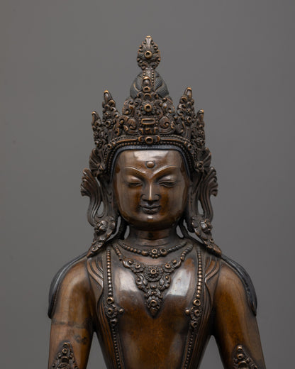 Close-up of intricate crown and jewelry on handcrafted Jowo Shakyamuni Buddha statue
