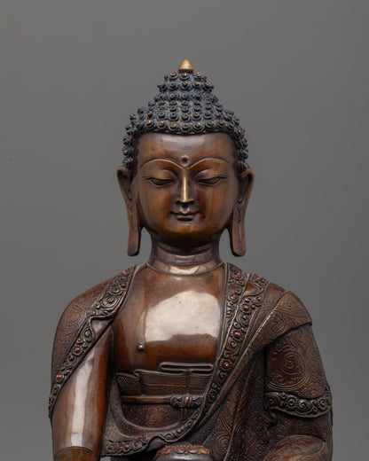 Close-up of intricate details on Shakyamuni Buddha statue from Patan, Nepal