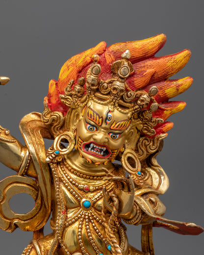 Close-up of intricate details on hand-crafted Vajrapani Buddha statue