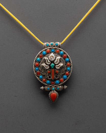 Close-up of intricate silver filigree on Lotus Locket handcrafted in Patan, Nepal