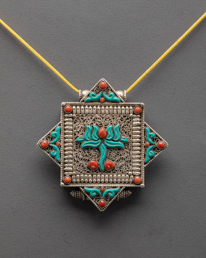 Close-up of intricately carved Lotus Locket from Patan, Nepal showcasing traditional design