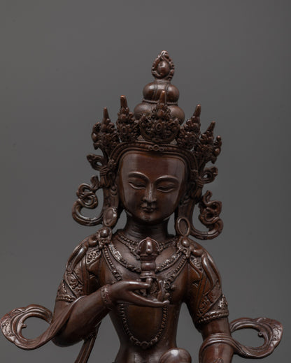 Close-up of oxidized Vajrasattva statue showing vajra, bell, and precise electroplated finish
