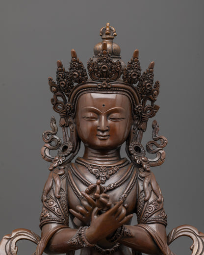 Close-up of oxidized copper face and vajrahumkara mudra on Himalayan Vajradhara statue