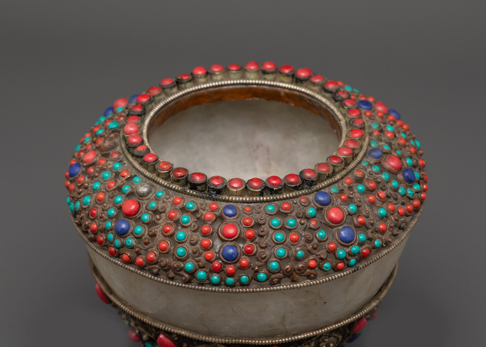 Close-up of silver-plated Dhupur Rice Pot showing intricate filigree and semi-precious stones