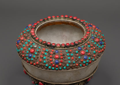 Close-up of silver-plated Dhupur Rice Pot showing intricate filigree and semi-precious stones
