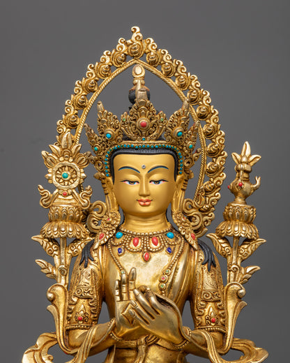 Maitreya Buddha Statue’s face made from precious stones, adorned with a radiant halo and vibrant acrylic colors.