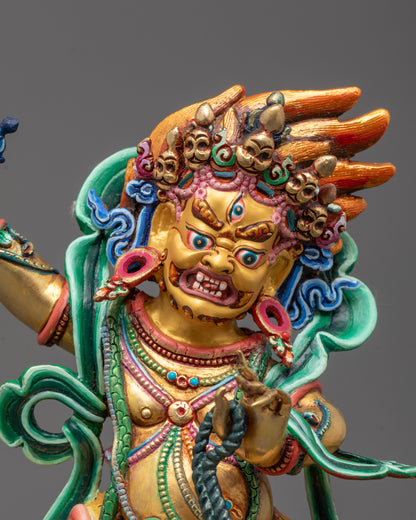 Close-up of the intricate details on a copper Chana Dorje Statue polished with gold amalgam
