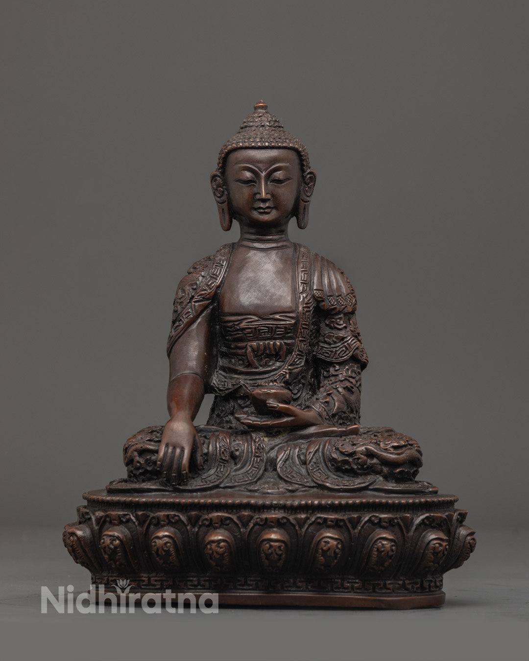 oxidized copper Three Buddha Statue Set, showing detailed lotus throne and hollow space for auspicious mantras or relics.