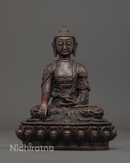 oxidized copper Three Buddha Statue Set, showing detailed lotus throne and hollow space for auspicious mantras or relics.