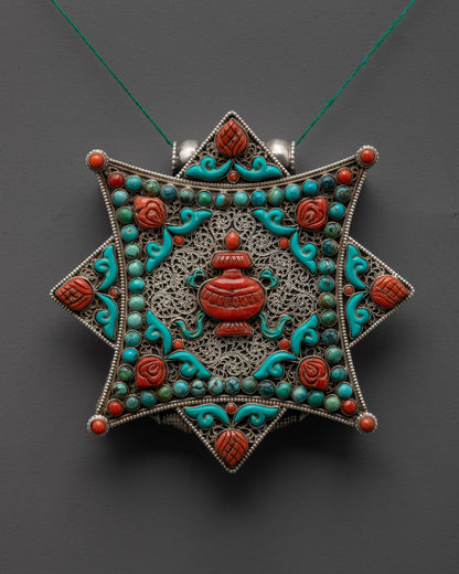 Close-up of turquoise Kalash vase symbol with coral and turquoise stone details