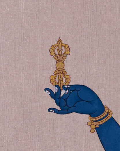 Close-up of vajra in Vajrapani’s hand symbolizing unbreakable strength and enlightened wisdom