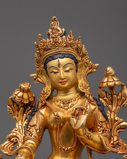 Close-up side angle of White Tara’s serene expression and intricate lotus petals