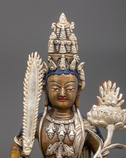 Close-up side angle of lotus flower and jewel held by Akasagarbha Bodhisattva statue