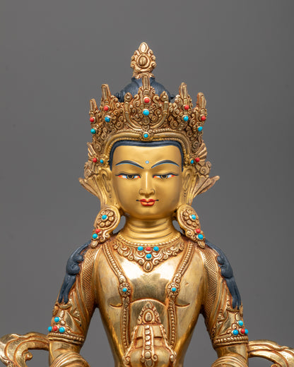 Close-up view of Amitayus Statue showing detailed 24k gold fire gilding on Copper Based