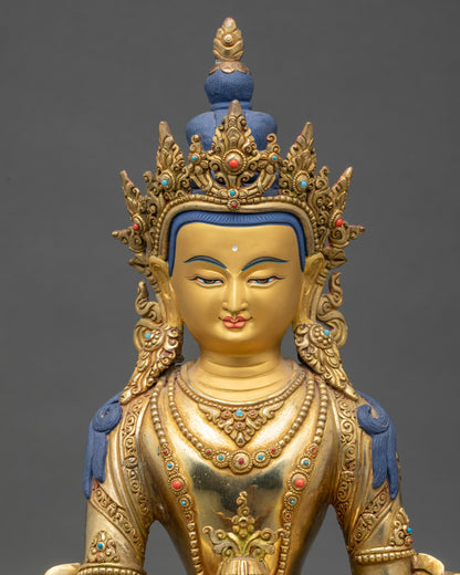 Close-up view of Kshitigarbha statue showcasing intricate robe carving and jewelry