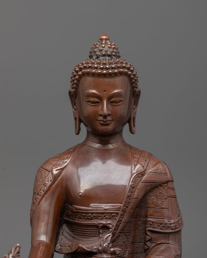 Close-up view of Medicine Buddha’s peaceful face and detailed hand holding healing herb